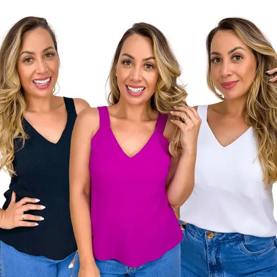 Kit 3 Regata Feminina Blusa Alça Larga Duna Blusinha Basica Premium Crepe Social Casual Dia a Dia