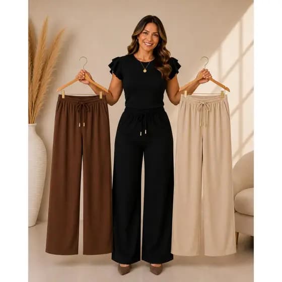 Kit 3 Calças Pantalona Feminina Duna Premium Cintura Alta Com Elástico Bolso e Amarração – Conforto e Elegância