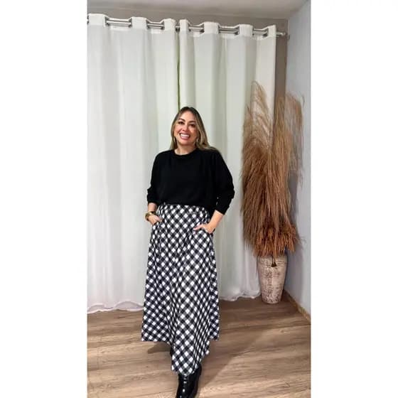 Saia Xadrez Feminina Cintura Alta Moda 2026