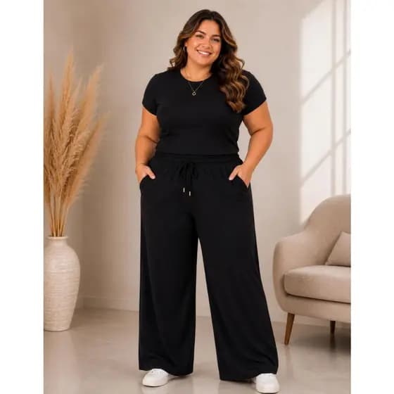 Calças Pantalona Feminina Duna Plus Size Cintura Alta Com Elástico Bolso e Amarração – Conforto e Elegância
