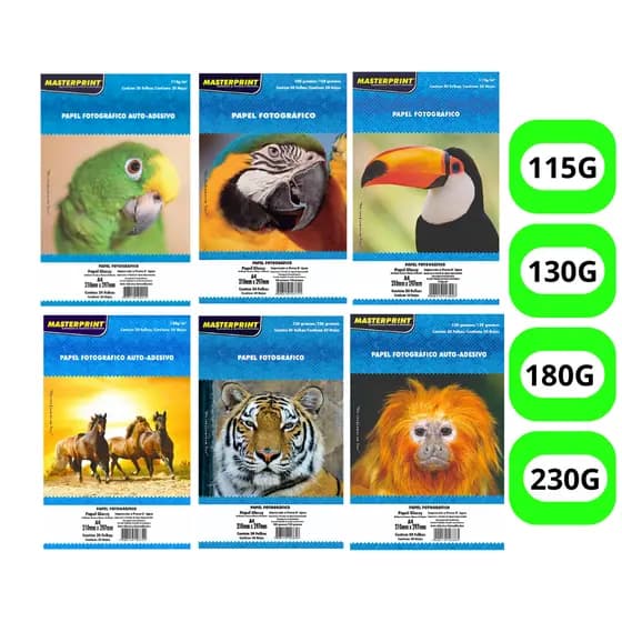Papel Fotográfico Glossy e auto adesivo 50 20 Folhas 80g 115g 130g 180g 230g A4 Masterprint 210mm x 297mm a prova d'agua