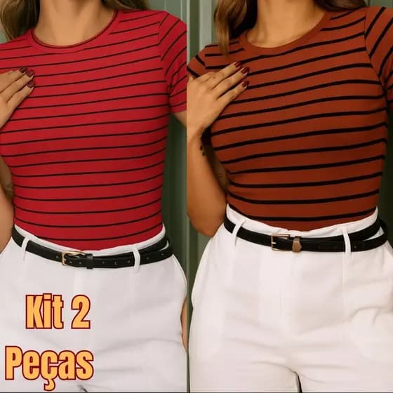 2 BLUSA MANGA CURTA Listradas Blusa Feminina – Slim Camiseta Baby look Tecido Canelada VÁRIAS CORES
