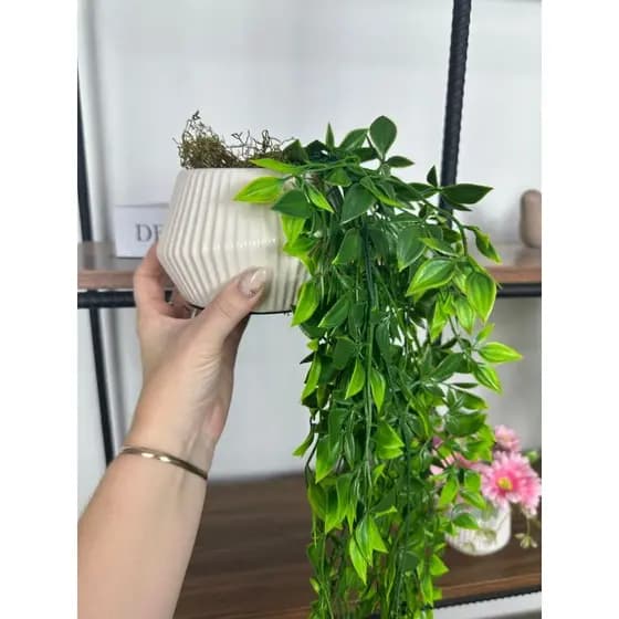 Folhagem Artificial Pendente Folhinha 60cm Vaso Branco Redondo