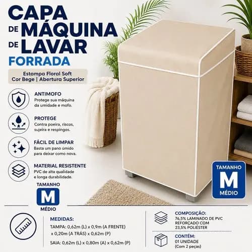 Capa Protetora Máquina Lavar Roupa Forrada Resistente Decorativa Bege Tamanho Medio