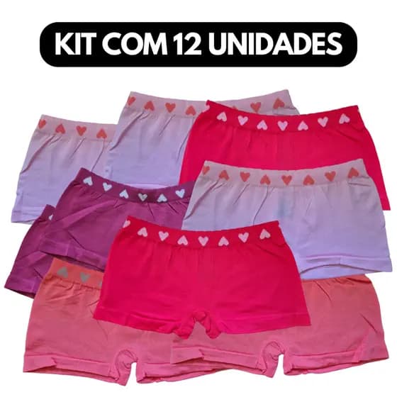 Kit 12 Calcinhas Boxer Shortinho Infantil Roupa Íntima Criança Menina Cueca Feminina Kids S/Costura