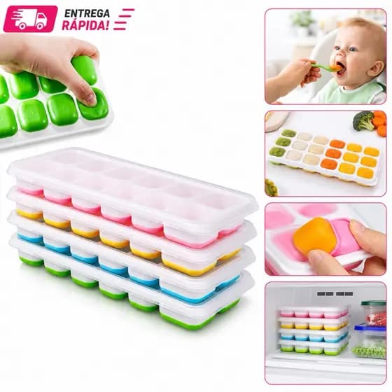 Formas Para Gelo Papinha de Bebê Silicone com Tampa Rígida Fundo Flexível Multiuso Lavável Kit 2 a 8 Unidades