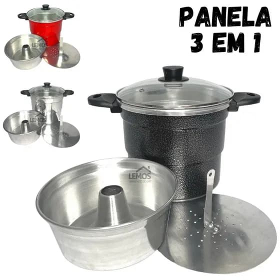 Panela Multiuso 3 em 1 Cuscuzeiro Com Tampa de Vidro Faz Pudim Cuscuz e Alimentos a Vapor Preto Vermelho ou Polido