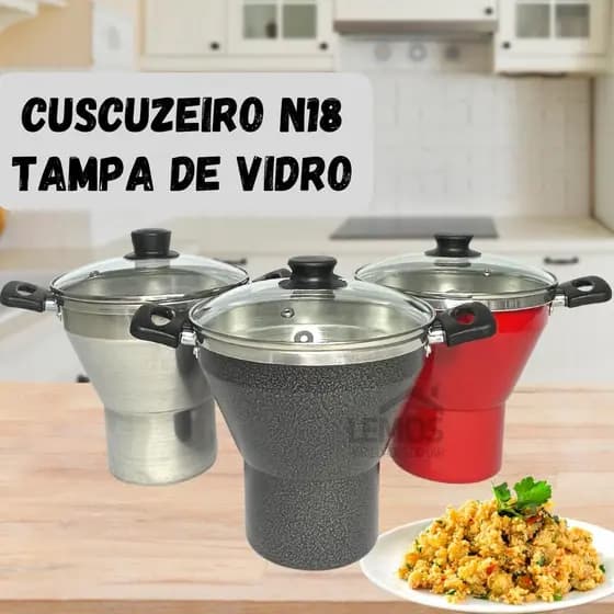 Cuscuzeiro Com Tampa de Vidro N18 Em Alumínio Faz Cuscuz Nordestino Alimentos A Vapor Cor Preta Vermelha Polida
