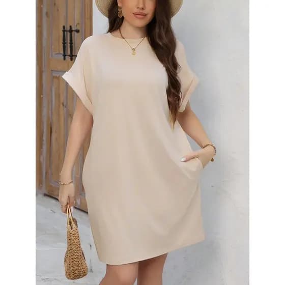 Vestido Plus Size Com Manga Morcego De Mangas Curtas E Gola Redonda Com Bolso Oculto