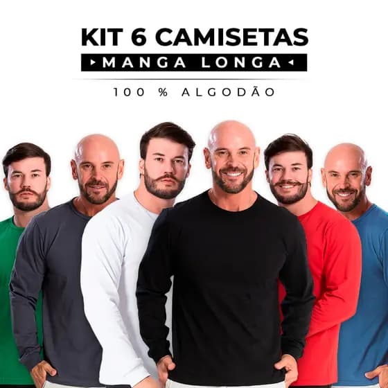 Kit 6 Camisetas Manga Longa 100% Algodão Masculina Lisa Slim Premium Com Punho Gola Redonda Trabalho Frio Manga Comprida