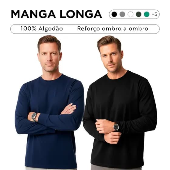 Kit 2 Camisetas Masculina Manga Longa 100% Algodão Lisa Slim Premium Com Punho Gola Redonda Trabalho Frio Manga Comprida