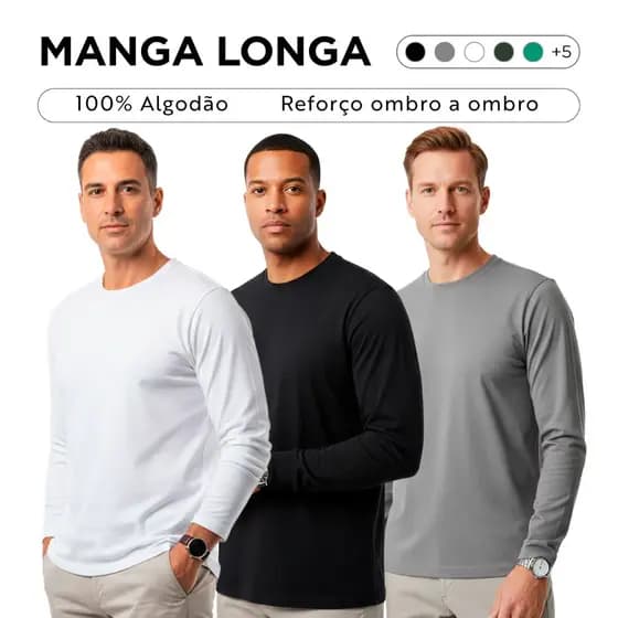 Kit 3 Camisetas Manga Longa 100% Algodão Masculina Slim Básica Premium Com Punho Gola Redonda Camisa Manga Comprida