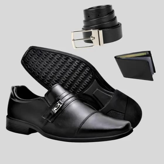 Kit sapato social masculino modelo italiano confortável tradicional mais cinto bicolor e carteira