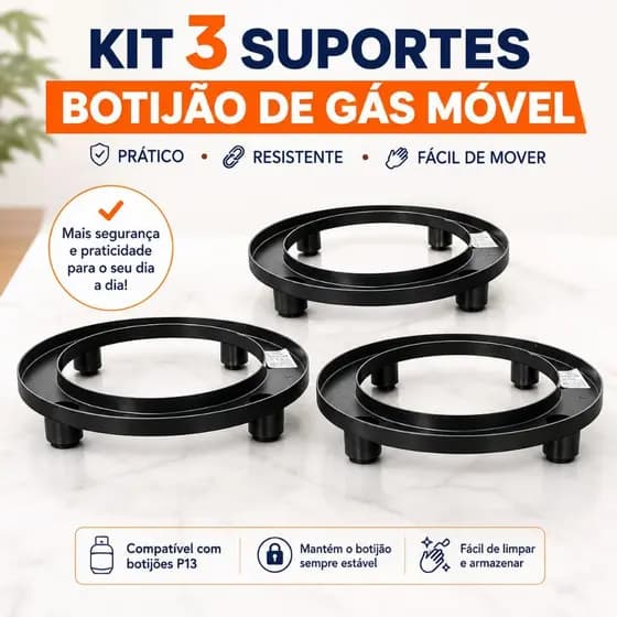 Kit 3 Suportes Para Botijão De Gás Preto Sem Rodinhas Resistente Para Cozinha E Vasos
