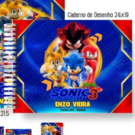 Caderno de Desenho, Caderno Meia Pauta, Caderno de Caligrafia Personalizado com Nome - SONIC 3