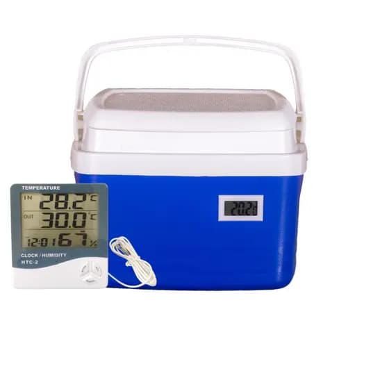 Kit Caixa Térmica 5 Litros Eps com Termo Higrômetro Digital LCD HTC 2 Temperatura umidade Transporte medicamento vacina