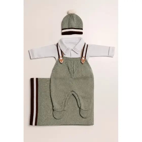 saída Maternidade tricô verde menino touca body suspensório manta