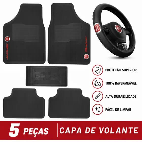 Jogo Tapete Automotivo Fiat Pvc 5 Peças Preto +capa Volante