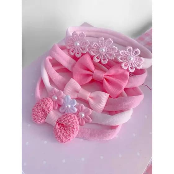 Kit Maternidade Bebês 5 Faixinhas Tons Rosa Tiaras RN Laços