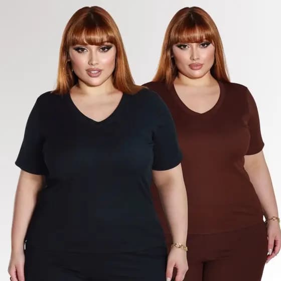 Kit 2 Blusinha Feminina Plus Size Preta Marrom Feminina Gola V Roupas Femininas Oferta