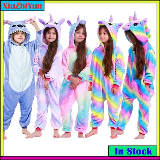 2022 Pijama Infantil Dinossauro Unicórnio Onesies Animal Desenho Animado Dorminhoco Inverno Meninos Meninas Jumspuit Fantasias