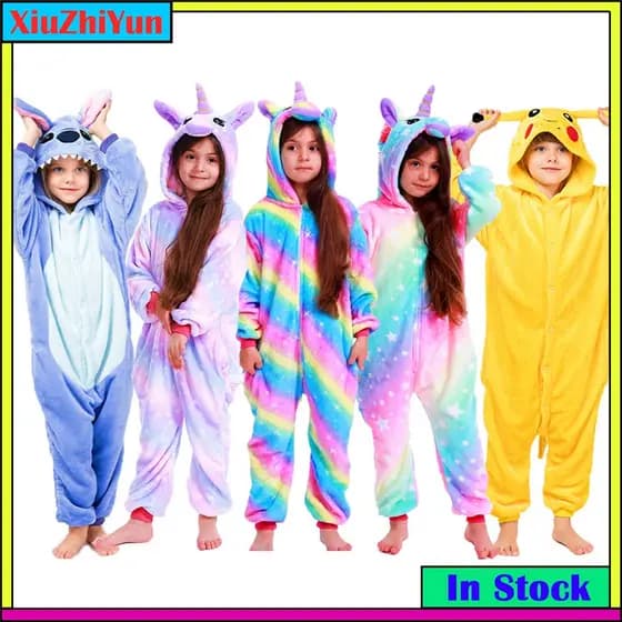 Kigurumi Crianças Pijamas Flanela Kids Meninas Meninos Inverno Animal Unicórnio Ponto Pikachu Dinossauro Cartoon Onesies