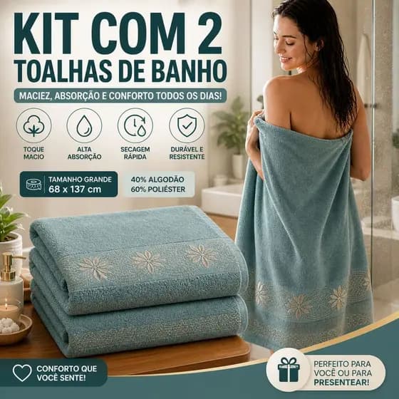 Kit 2 Toalhas de Banho Macias 68x137cm – Ideais para Uso Diário Leves, Absorventes e de Secagem Rápida