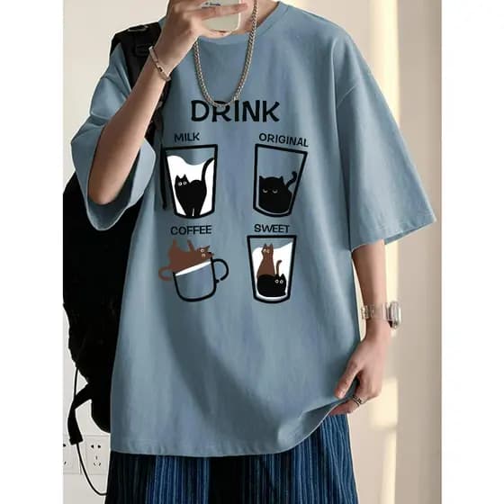 Camiseta Drink Copo De Gatos Gatinhos Bebidas Milk Coffee Ombro Caido Unissex Style