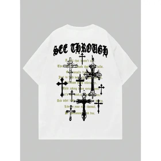 Camiseta See Through Cruz Gótica Letras Geométricas Oversized Life Style