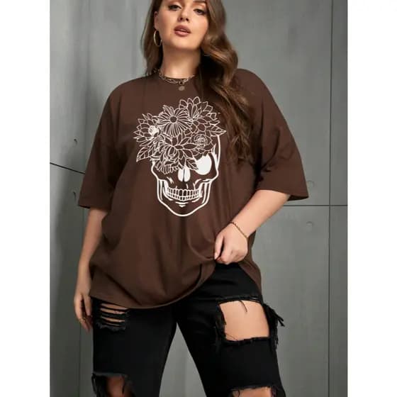 Camiseta Florveira Flores Caveira Plus Size Oversized