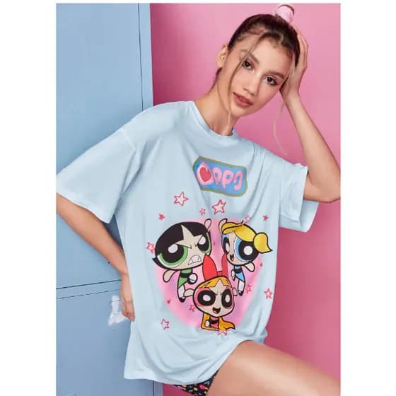 Camiseta Meninas Super Poderosas Oversized Feminino Manga Curta Cartoon Básica Trend