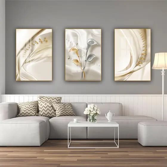Quadros Decorativos 3 peças dourada prata pássaros flor cabeceira
