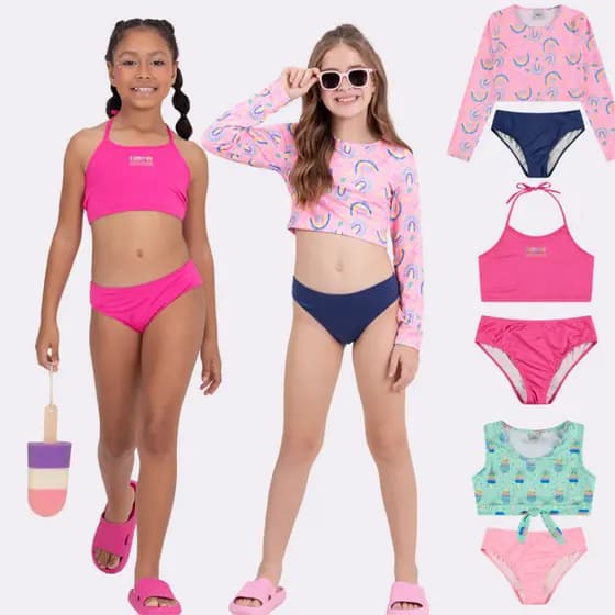 Kit 3 Conjuntos Infantil Rosa Menina Praia e Piscina