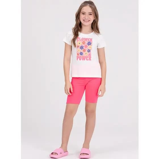 Conjunto Infantil Bermuda Ciclista Flower Power Off-White
