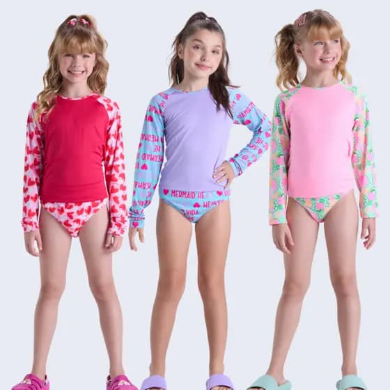 Conjunto Praia Infantil UV50+ Manga Longa Estampas Divertidas