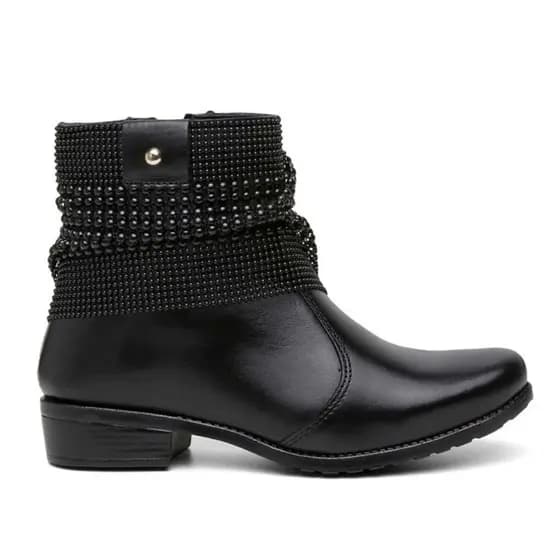 Bota Feminina De Couro Botinha Moda Coturno Cano Curto Manta Com Brilho Strass Macia