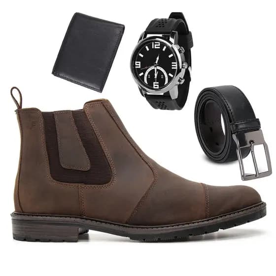 Combo Botina Chelsea Masculina De Couro Legítimo Bota Coturno Resistente Com Cinto