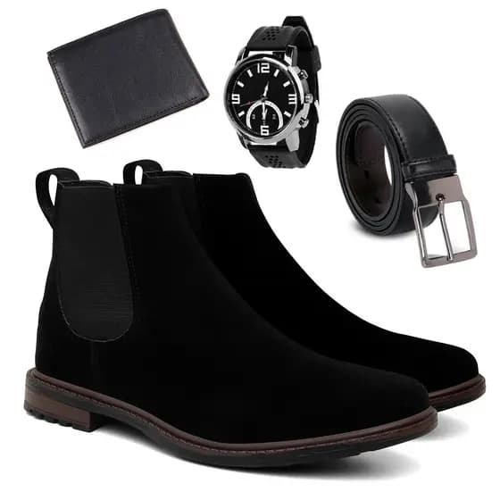 Kit Botina Masculina Casual Cano Médio Resistente Dia a Dia Conforto + Cinto e Relógio