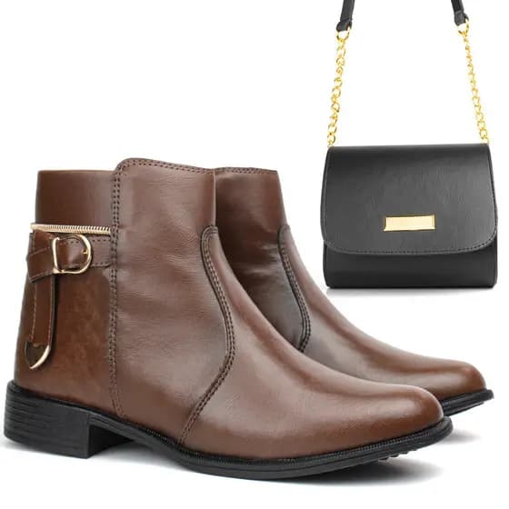 Kit Bota Coturno Feminina Botinha Montaria Macia Zíper Lateral Couro + Bolsa Transversal Feminina