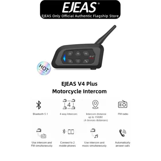EJEAS V4 Plus 1 Pack Intercomunicador Sem Fio Bluetooth Capacete De Motocicleta Fone De Ouvido 4 rider Fala Ao Mesmo Tempo Rádio FM 1500M À Prova D'água