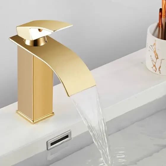 Torneira Monocomando Cascata Dourada Banheiro Baixa Curva Misturador Luxo Moderna Pia