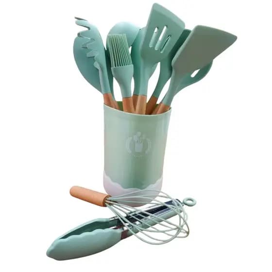 Kit 12 Utensílios De Cozinha Silicone Verde Claro Antiaderente Luxo Completo Resistente Moderno