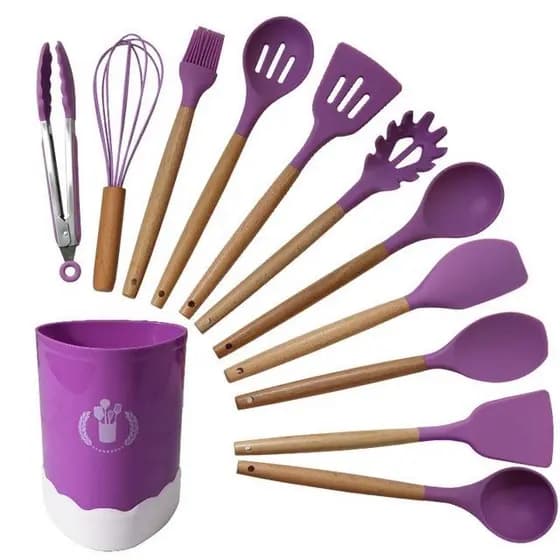 Kit 12 Utensílios de Cozinha Silicone Roxo Cabo Madeira Luxo Completo e Resistente