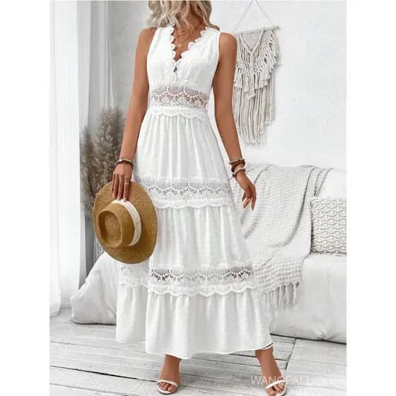 Vestido Longo Branco Sem Mangas com Decote em V e Renda Patchwork para Mulheres