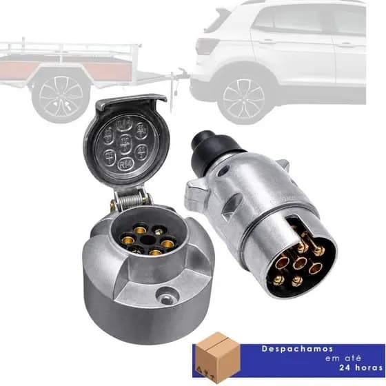 Kit Tomada Fêmea Alumínio + Plug Macho Alumínio 7 Polos ABS Para Engate Reboque Carretinha Trailer