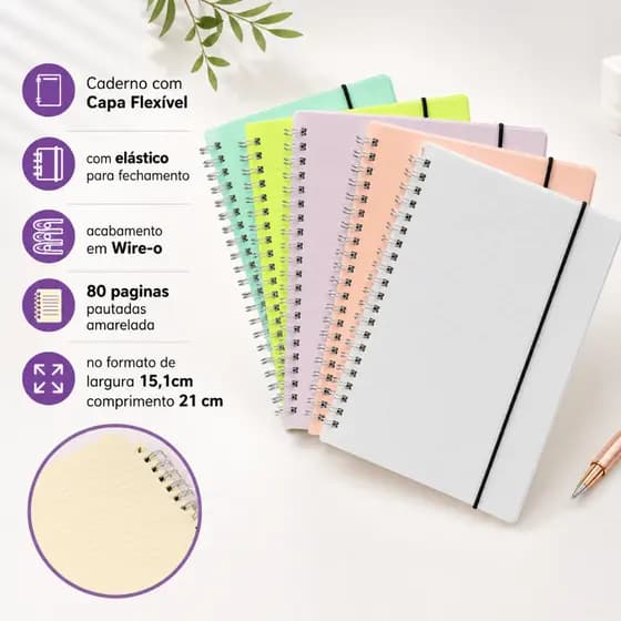 Caderno A5 com 80 Folhas - Miolo Marfim em Wire-o Capa Plástica com Elástico para Fechamento