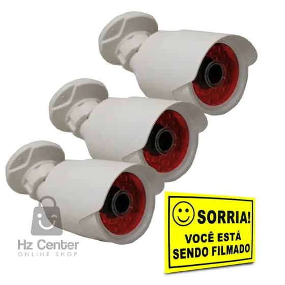 Kit 03 Câmeras Falsas Infravermelho Led + Placa Sorria Você está Sendo Filmado