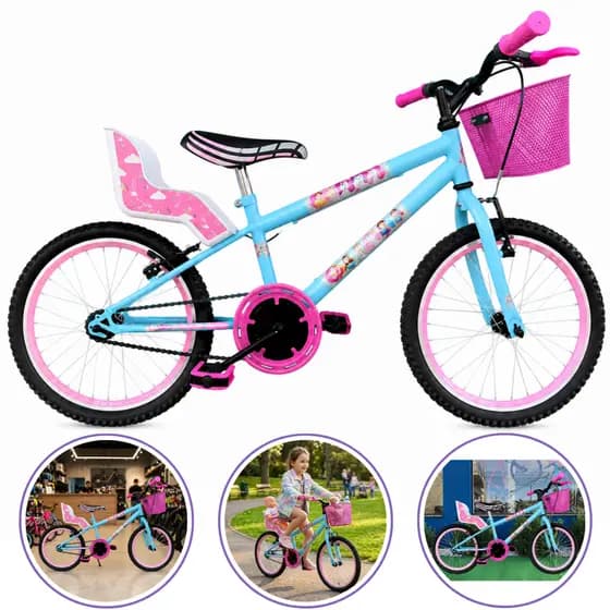 Bicicleta Infantil Menina Aro 20 com Cestinha e Cadeirinha de boneca para Meninas e Acessórios coloridos
