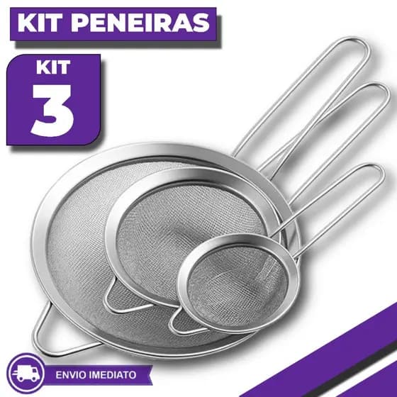 Kit 3 Peneiras Aço Inox 12 16 20cm Profissional Cozinha Resistentes
