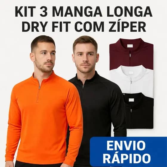 Kit 3 Camisetas Manga Longa UV Masculina Dry Fit com Zíper Proteção Solar